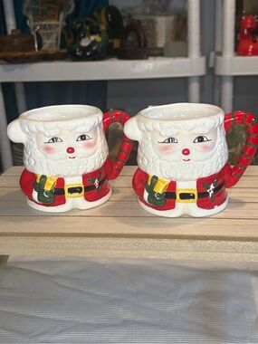Vintage Set of 2 Santa Claus Ceramic Mugs - Red & White Holiday Mugs
